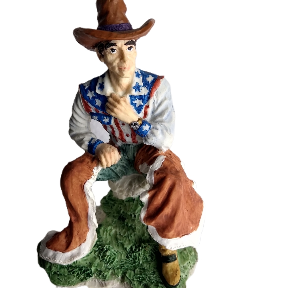 Young's Patriotic Cowboy Figurine Resin Red White Blue 4.5" Tall EUC